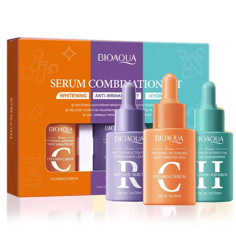 BIOAQUA Vitamin C, Retinol & Hyaluronic Acid Serum Set – Moisturizing, Brightening & Anti-Wrinkle