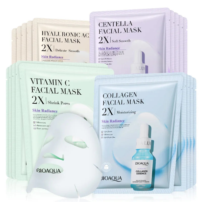 BIOAQUA Facial Mask Set - 20 Hydrating Sheet Masks with  for Deep Moisture & Skin Revitalization: Centella / Collagen / Vitamin C / Hyaluronic Acid / Combo 